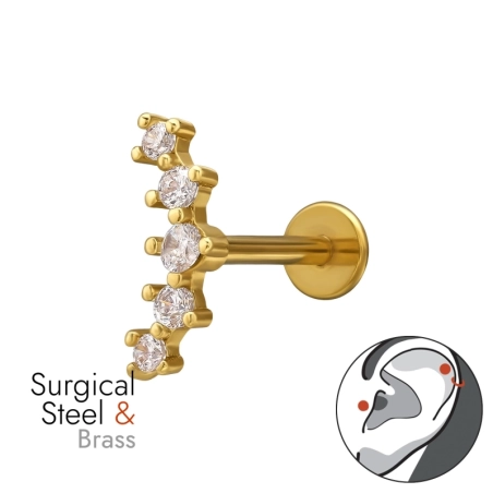 Piercing Do Horného Ucha S Tragusom, Helixom, Zlatým Náušníkom, Činka Z Nehrdzavejúcej Ocele A Mosadze, 1,2 X 8 mm (16 G). Tunel