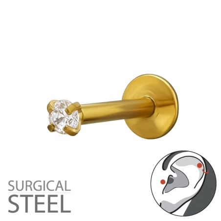 Piercing Do Horného Ucha S Hrotom Helix, Zlatej Farby, 1,2X8 mm (16 G) S 2 mm Kryštálom Tunele i przekłucia uszu typu helix biżu