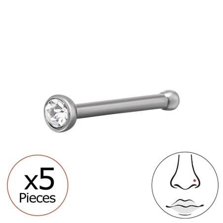Kolczyki Do Nosa 0,8 X 7,5 mm (20 G) Z Kryształem 2 mm (X5) Stal biżuterii | All4silver