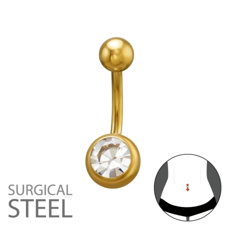 1,6X10Mm (14G) - 5mm Hladký Okrúhly Vrch, 8mm Okrúhly Krištáľový Spodok - Zlatá Farba Przebicie pępka biżuterii | All4silver