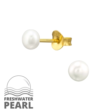 Pozłacane z Perłą 4 mm Kolczyki sztyfty z perłami biżuterii | All4silver